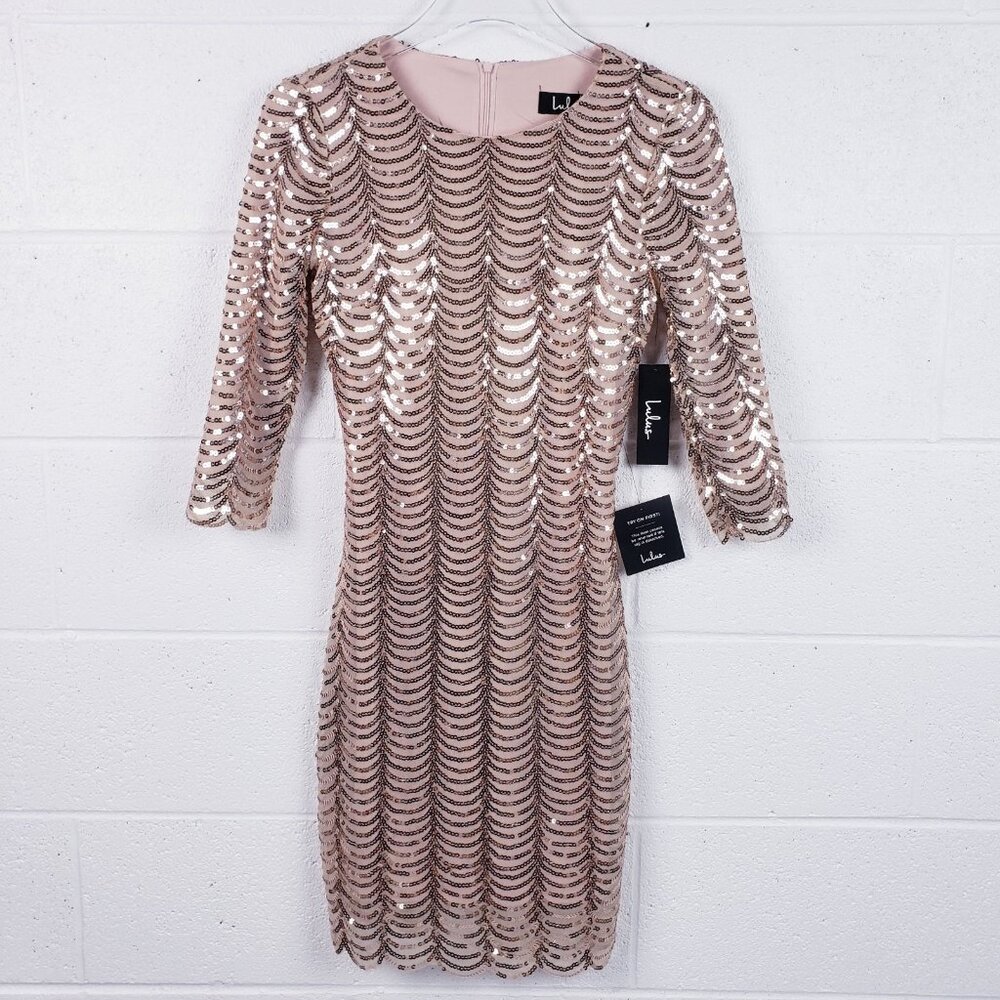 Lulu’s Stardust Sequin Bodycon Mini‎ Dress Gold Rhinestone Women's Small